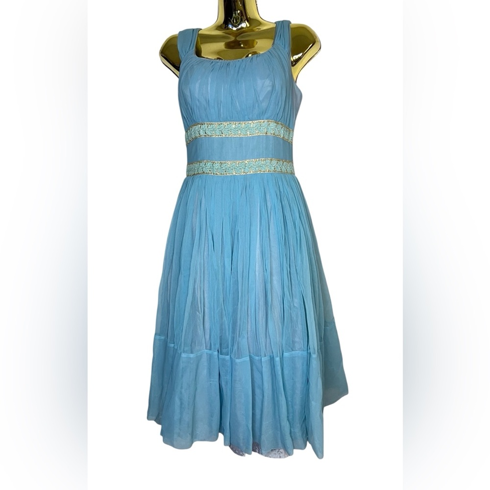 Elegant Blue VTg chiffon Dress with Gold Accents S